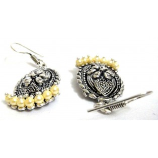 Silver Oxidized Oval Floral Earring - Hook Dangle Drop Long Tribal - Cream Beads